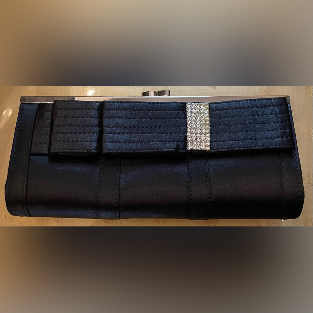 Elegant Black Satin Clutch with Rhinestone Accent
